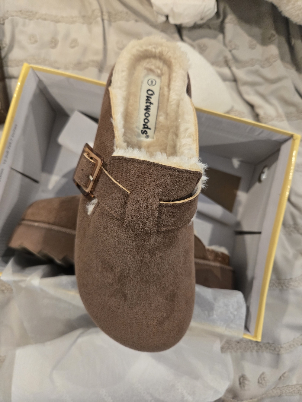 Outwoods Brown Faux Suede Fur-Lined Slip-On Clog with Buckle